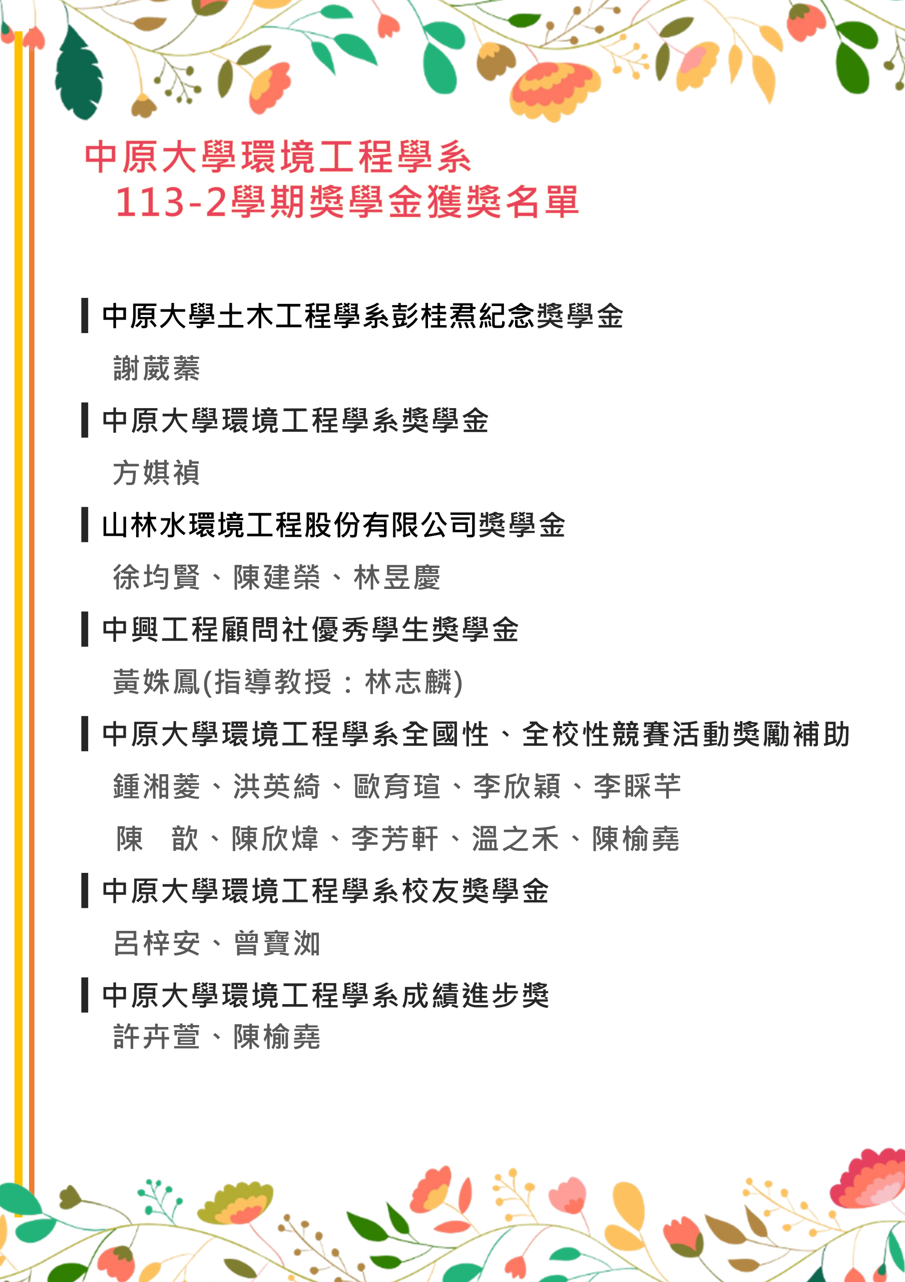 113-2獎助學金獲獎公告 - 中原大學環境工程學系